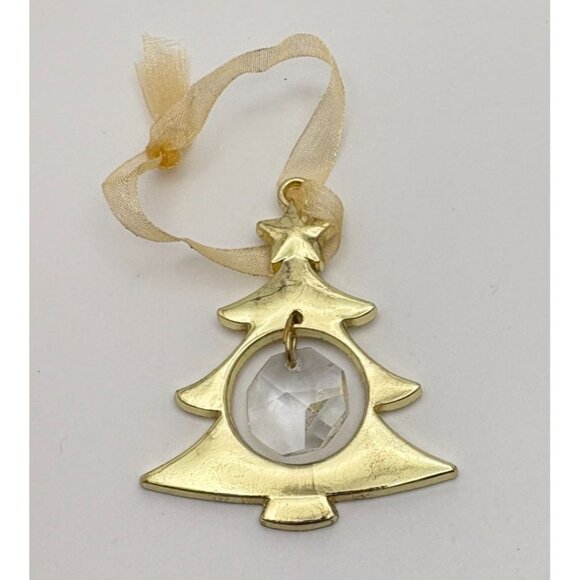 Vintage Gold Tone Christmas Tree Ornament With Faux Crystal Dangling Center - Picture 6 of 6